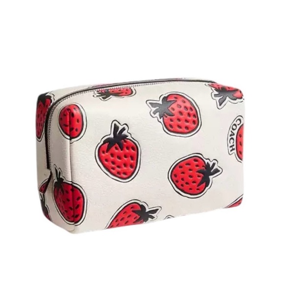 New COACH STRAWBERRY PRINT LEATHER COSMETIC CASE - Picture 3 of 6